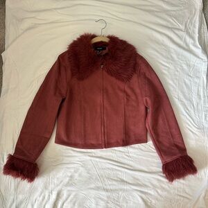 Forever 21 Red Teddy Jacket with Plush Fur Trim